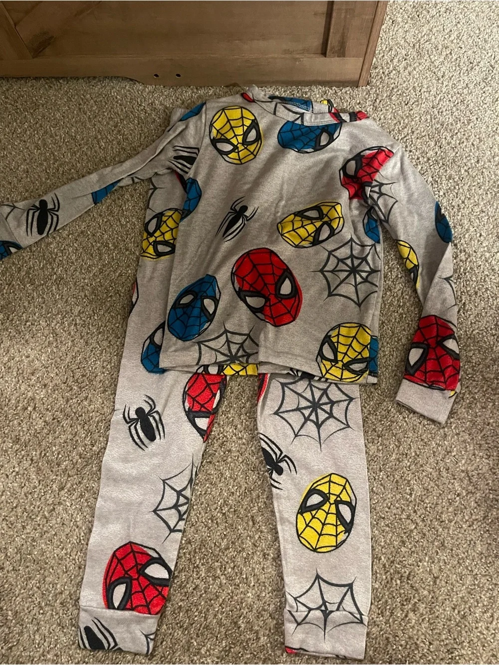 Marvel Kids Spider Pajama Set in Gray with Red, Blue & Yellow Spider Faces